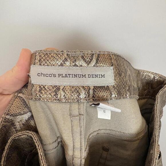 Chico's Platinum Denim Size: 2 (12/Large) Gold Metallic Snake Skin Fitted Jeans - Picture 6 of 7